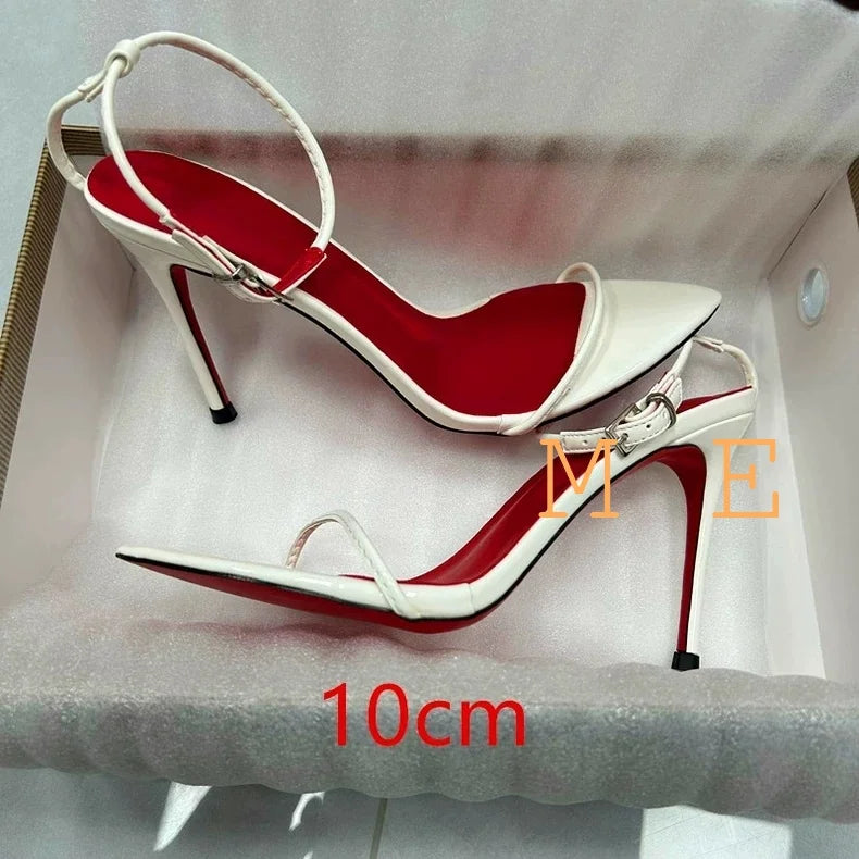 Sandalias de Tacón Alto con Punta Abierta y Correa en el Tobillo, de Cuero, con Hebilla, Diseño Sólido, Tacón Fino, para Mujer, con Lazos y Correa Trasera