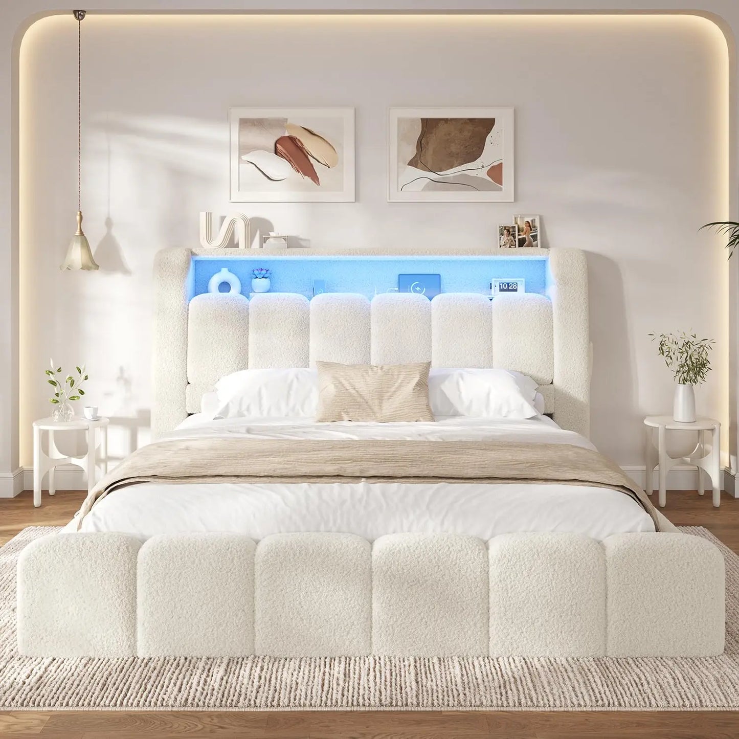 Base de Cama Nube Tamaño Completo, Acolchada con Espuma Engrosada, Color Blanco Crema |   Cabecera con Almacenamiento, Luces LED, Estación de Carga, Personalizable