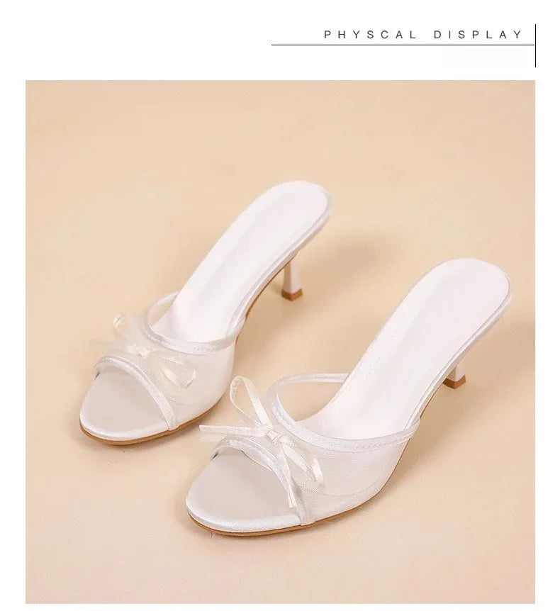 Sandalias de verano para mujer, tacones altos elegantes a la moda, zapatillas con punta abierta y nudo de mariposa de alta calidad, zapatos de tacón de diseñador de marca para mujer