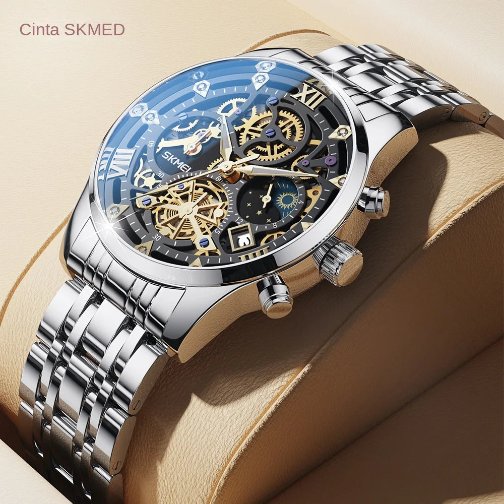 Relojes SKMEI de lujo de marca superior de acero para negocios, relojes de pulsera con calendario de movimiento de cuarzo japonés resistente al agua 3Bar para hombre