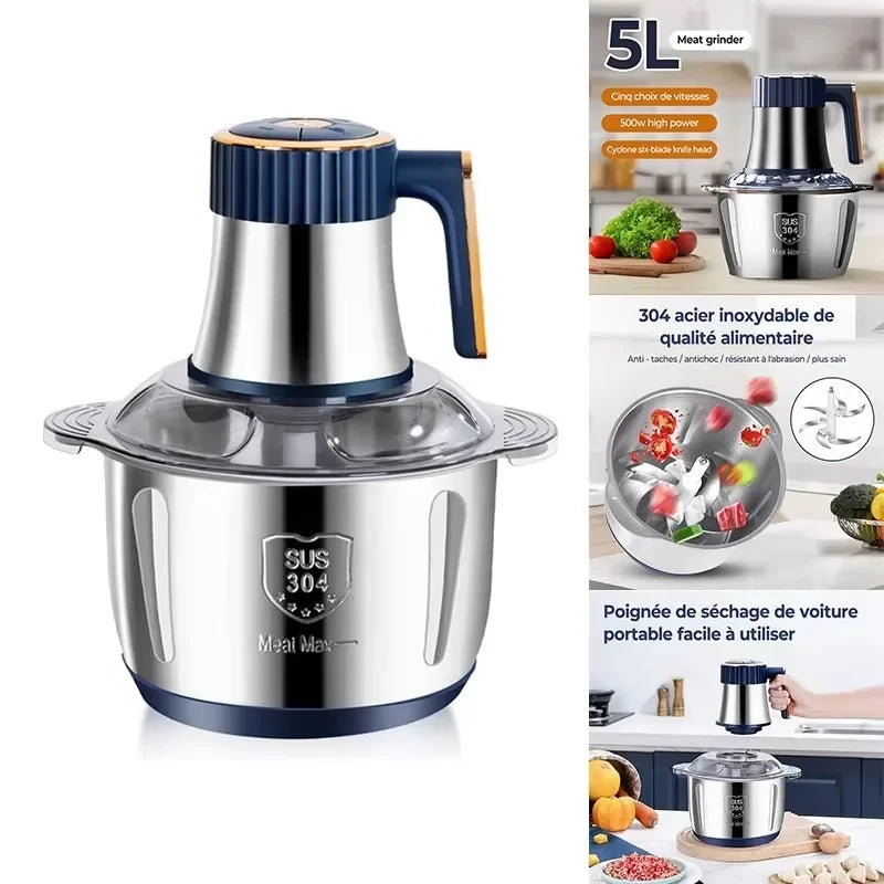 Picadora de Carne Eléctrica de Gran Capacidad de 5L, Trituradora de Alimentos, Picadora de Vegetales, Procesador Multifuncional de Cocina