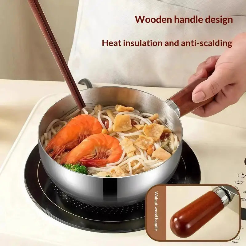 【A】Sartenes de cocina de acero inoxidable de 17 cm/14 cm con mango de madera y tapa de vidrio - Ollas pequeñas multiusos para fideos y huevos