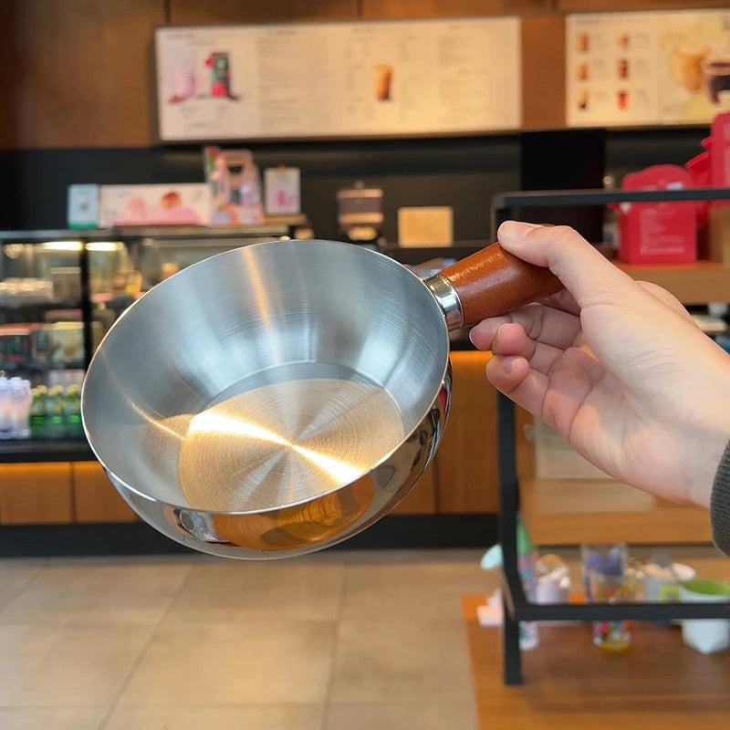 Olla para leche de acero inoxidable con mango de madera, olla compacta para cocinar, adecuada para freír huevos y calentar leche