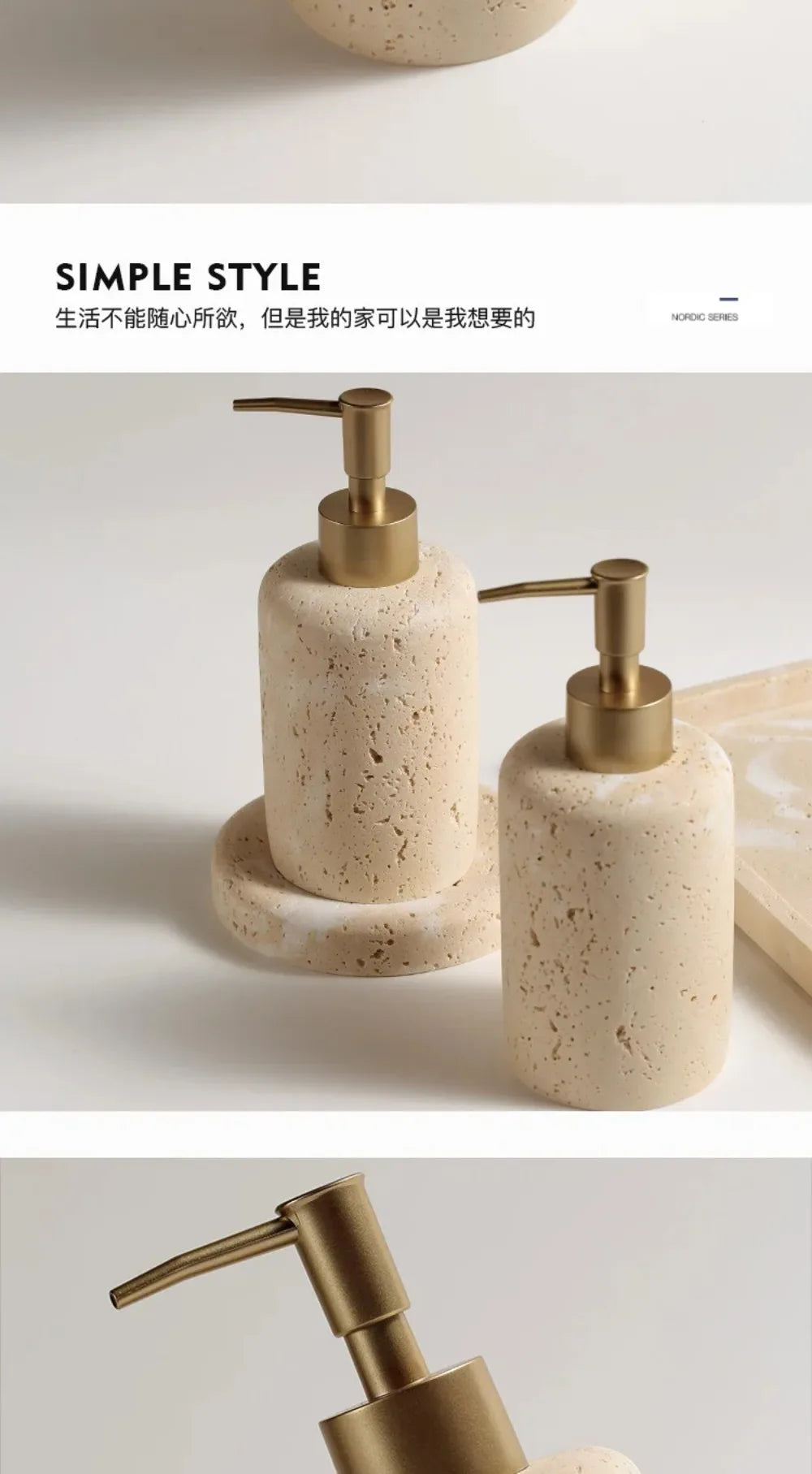 Juego de baño de travertino: jabonera con drenaje, dispensador de jabón líquido, dispensador de emulsión, dispensador de jabón en barra, caja de jabón, vaso para enjuague bucal y bandeja.
