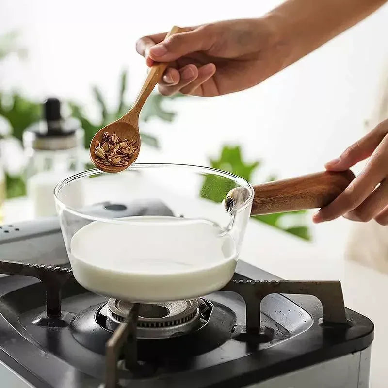 Olla de leche práctica con mango de madera y vidrio de 400/600ml, sartén para sopa, olla con mango de madera y vidrio, ollas estables de un solo mango, herramientas para cocinar
