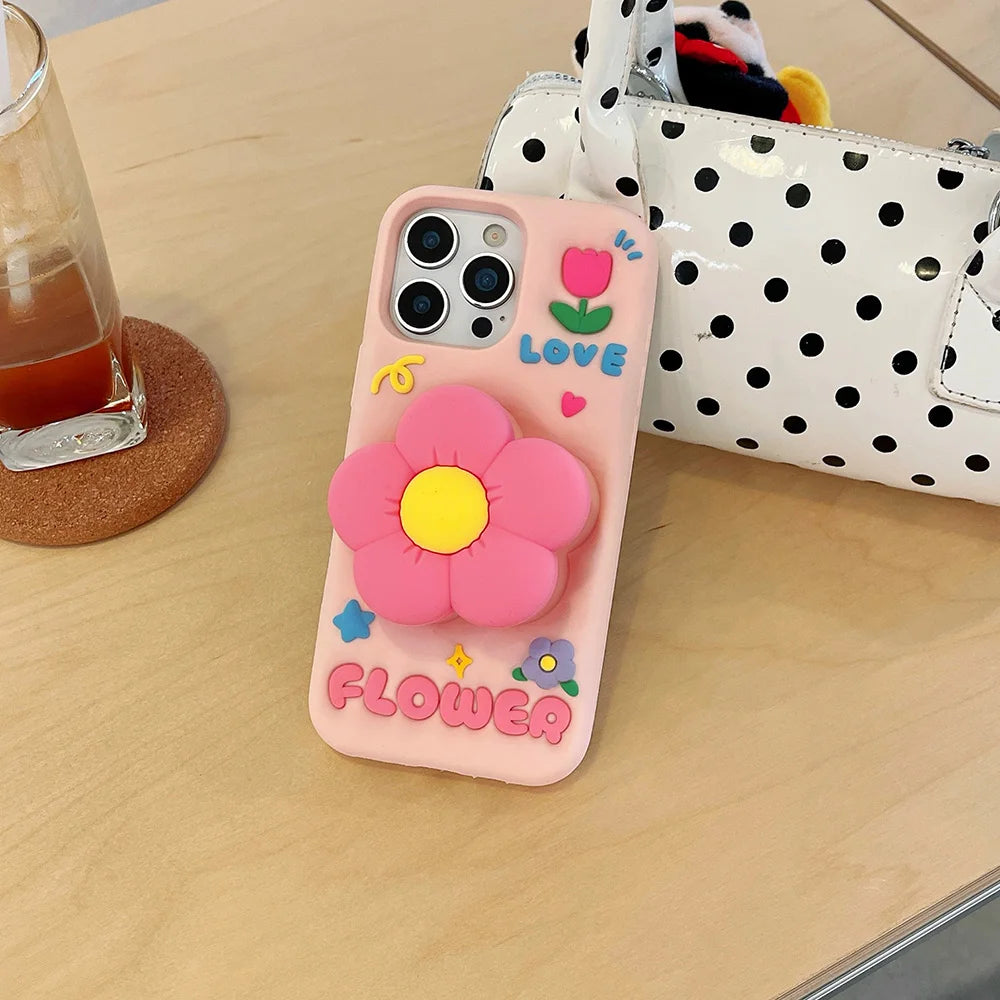 Lindo soporte floral 3D funda de silicona suave soporte de flores cubierta para iPhone 16 15 14 13 12 11 Pro Max 7 8 Plus X XS Max XR