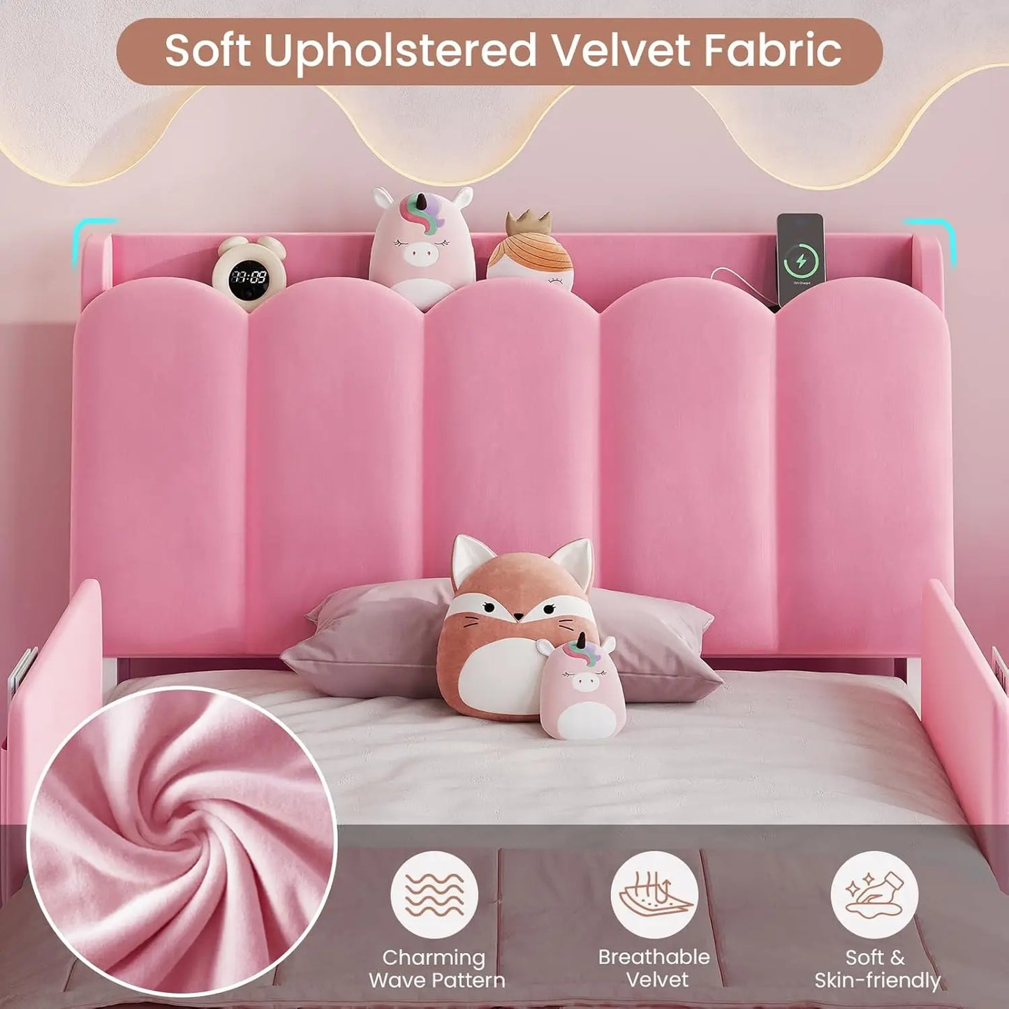 Cama de princesa tamaño twin con cajones de almacenamiento, barandillas de seguridad, plataforma tapizada en terciopelo con luces LED, cabecero ondulado con almacenamiento para niñas