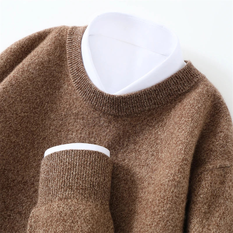Otoño/Invierno, jersey de cachemira pura de 100% para hombre, suéter de punto liso informal de negocios, Tops sueltos de cuello redondo, jersey grueso y cálido