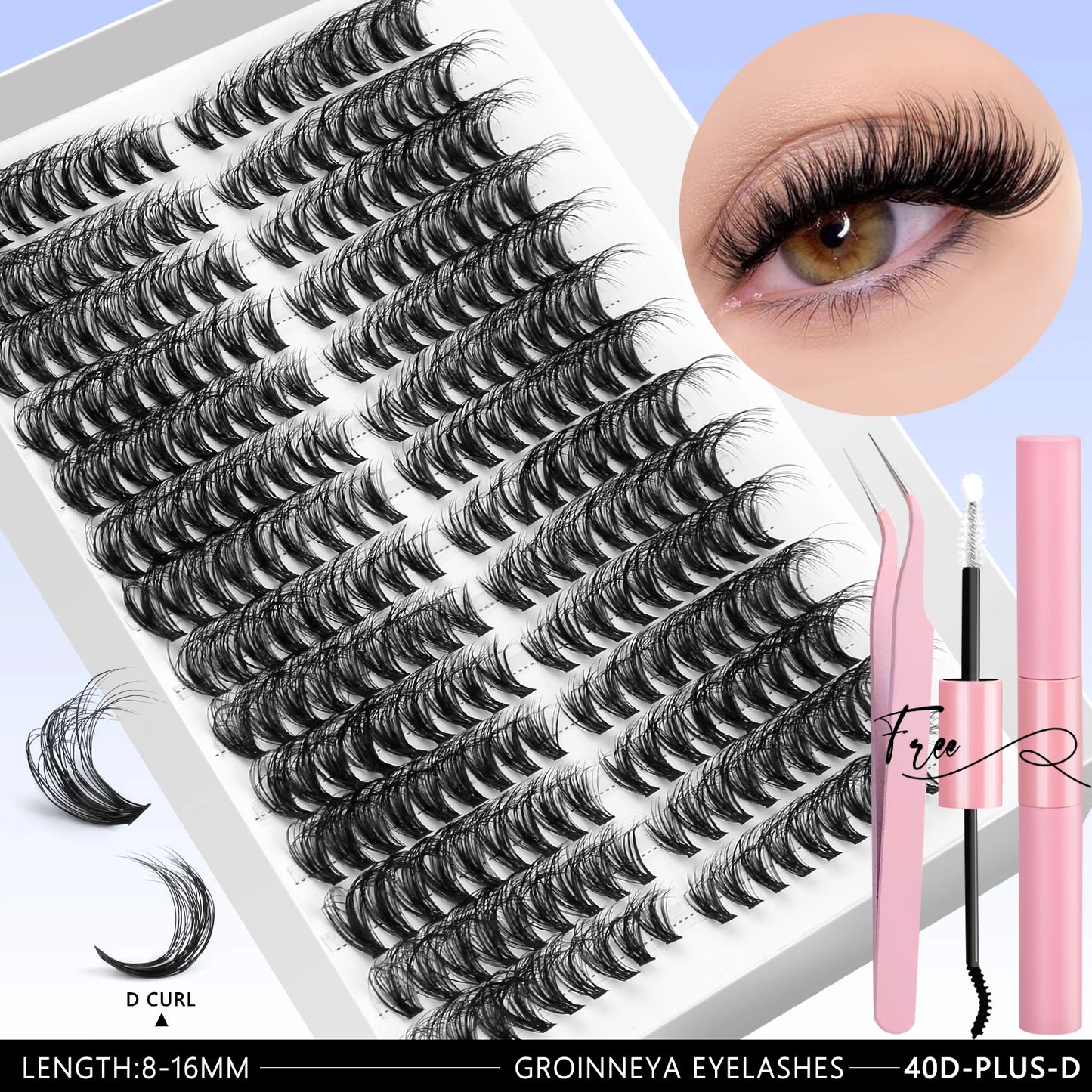 GROINNEYA Clusters de pestañas 540 Uds Kit de extensiones de pestañas de gato Kit de pestañas en racimo con Kit de maquillaje de pestañas Bond & Seal