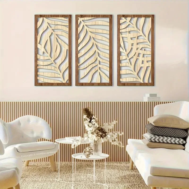 3 uds. Decoración de pared de madera tallada de hojas abstractas modernas, arte de madera hueco de Palma Tropical, decoración del hogar