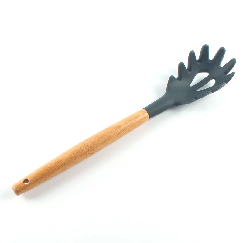 Juego de 12 utensilios de cocina de silicona con mango de madera, espátula antiadherente, cuchara para sopa y freír
