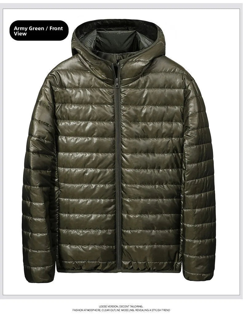 Chaqueta de plumón ligera para hombre, estilo nuevo de otoño-invierno, tipo abrigo acolchado, con cierre de cremallera y capucha, de fibra de poliéster.