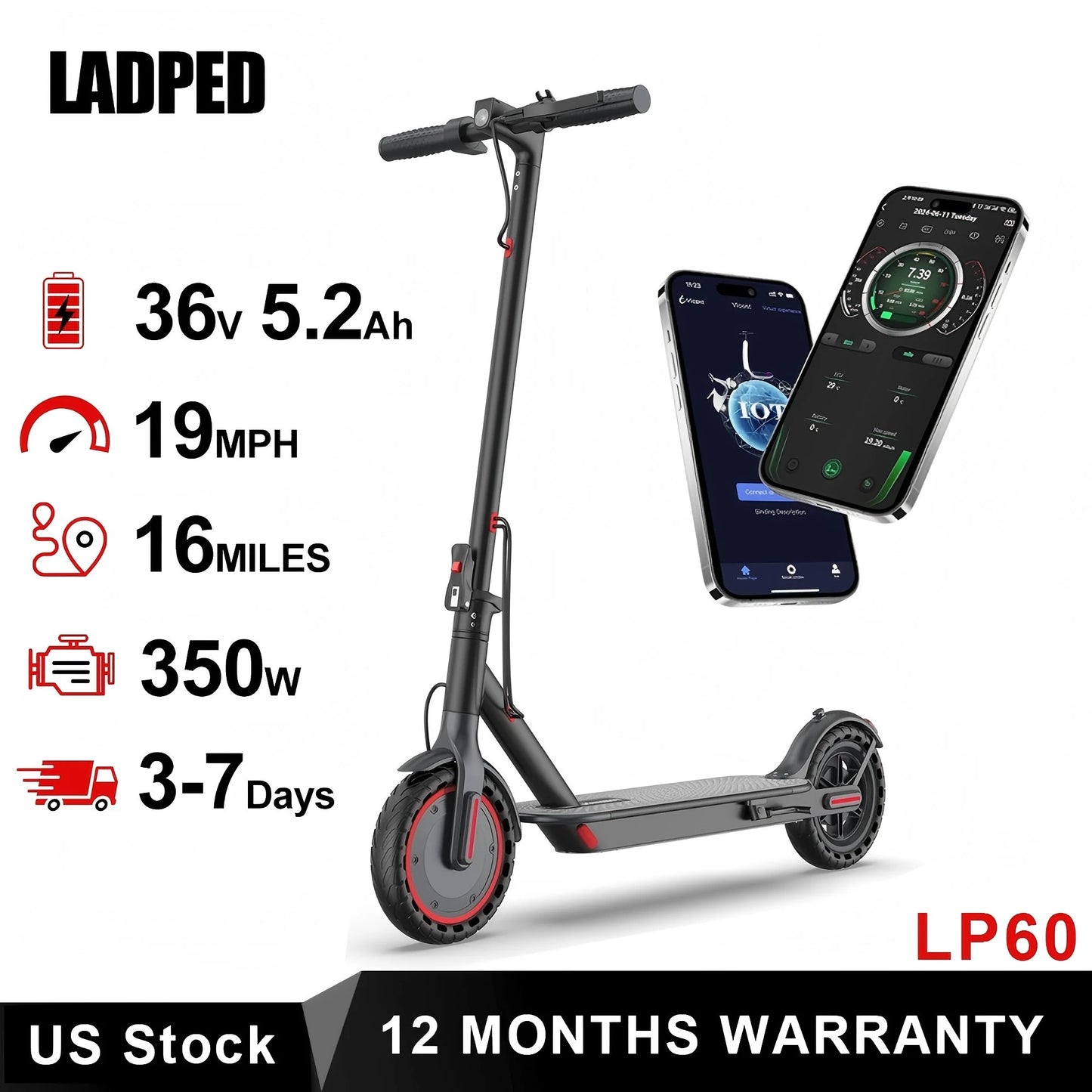 Patinete eléctrico AOVOPRO LADPED LP60, 350W, 19mph, velocidad máxima, neumático de 8,5 pulgadas, patinete eléctrico plegable, rango máximo de 16 millas para adultos