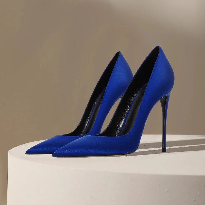 Zapatos de tacón de seda estilo socialité, tacones delgados para mujer, sexy con punta abierta, azules para vestido formal, zapatos individuales de temperamento francés