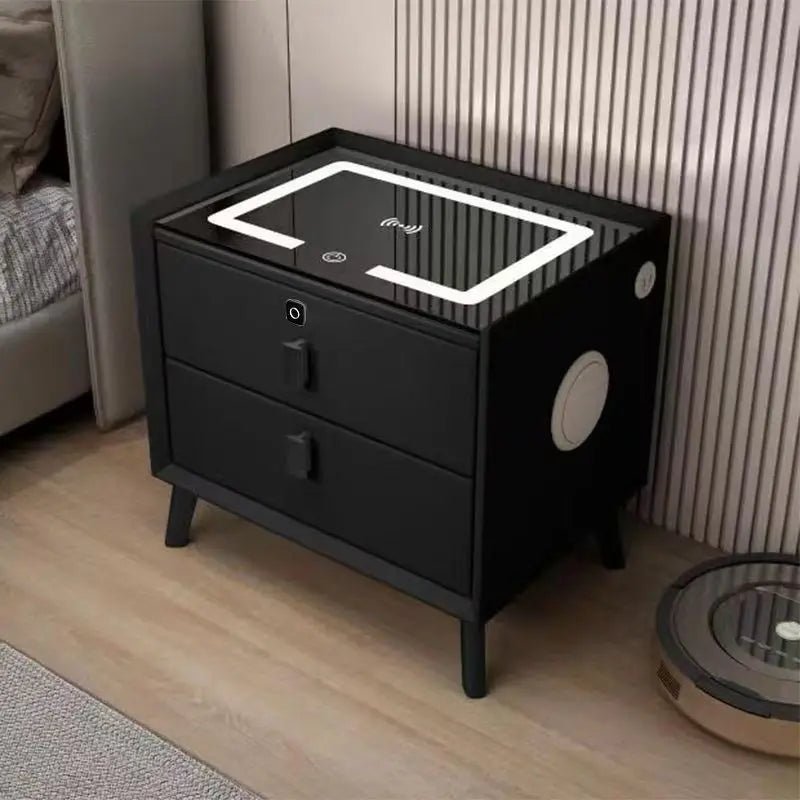 Mesita de noche de madera inteligente con altavoz cargador inalámbrico, mesita de noche minimalista moderna de dos cajones, muebles multifuncionales para el hogar