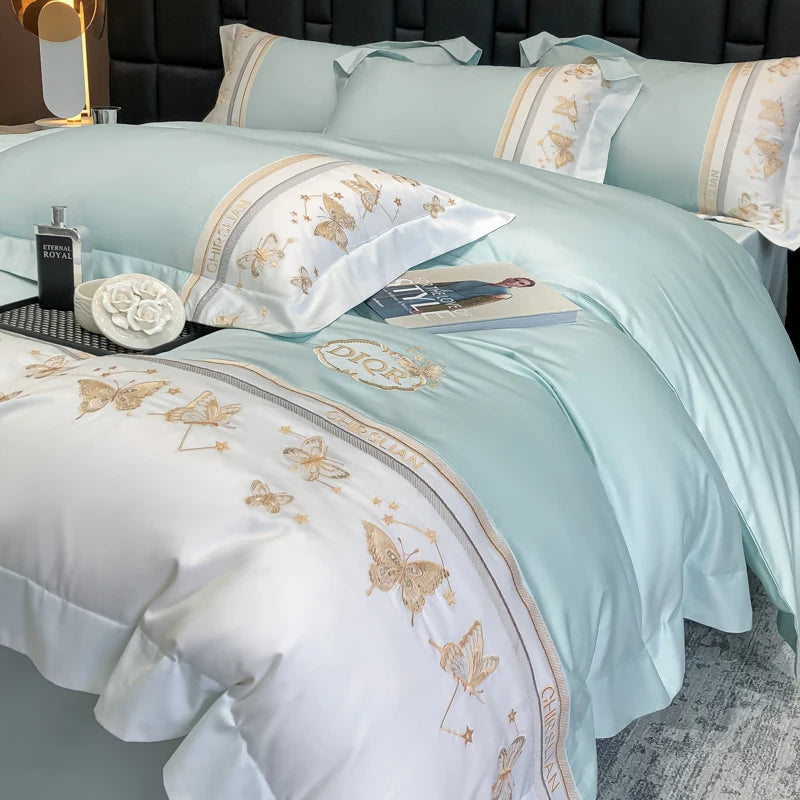 Juego de cama 100% de algodón, edredón bordado de mariposa dorada de lujo/funda nórdica, juegos de sábanas ajustadas, fundas de almohada, textiles para el hogar