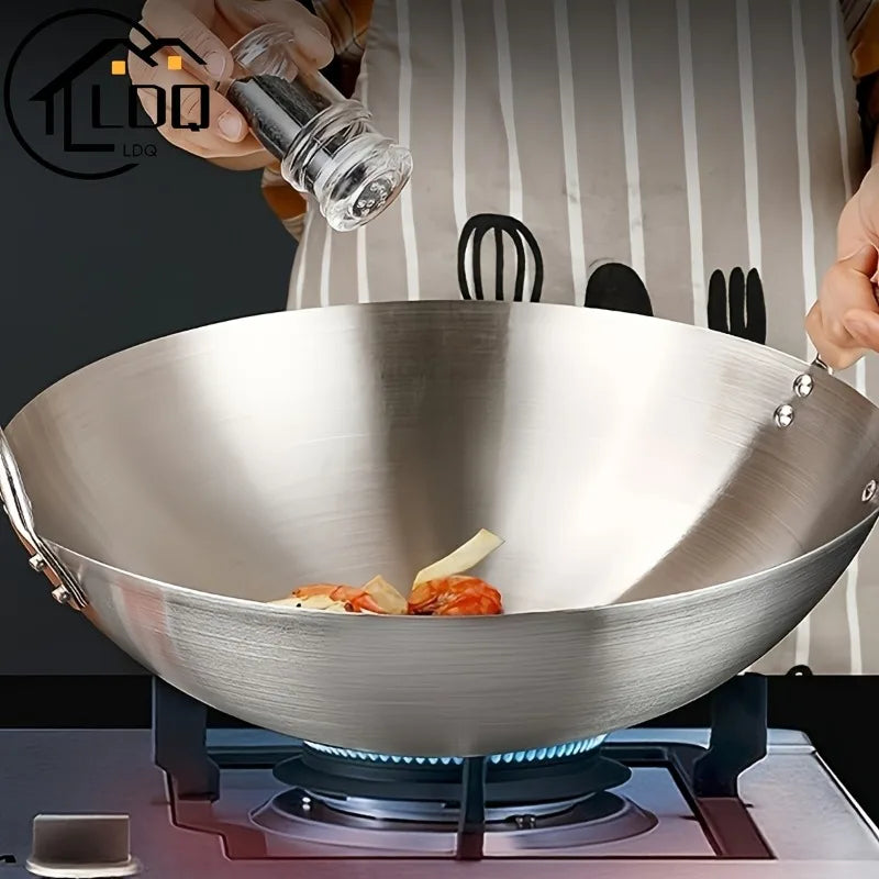 Wok grande de acero inoxidable, sartén de Chef duradera gruesa sin recubrimiento de alta calidad con asas dobles, fácil de limpiar para uso comercial, 1 ud.