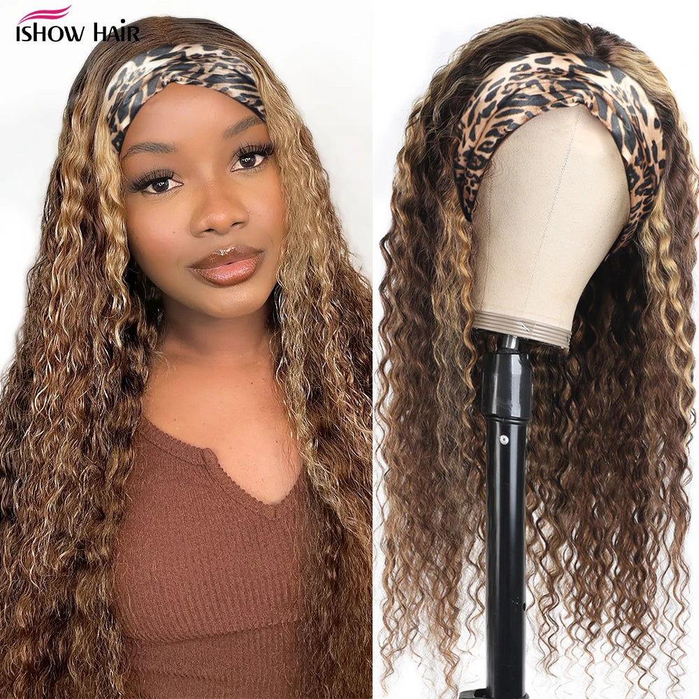 Peluca con diadema P4/27, cabello humano resaltado, pelucas de cabello humano rizado de onda profunda de 250 de densidad, peluca completa hecha a máquina de color rubio miel