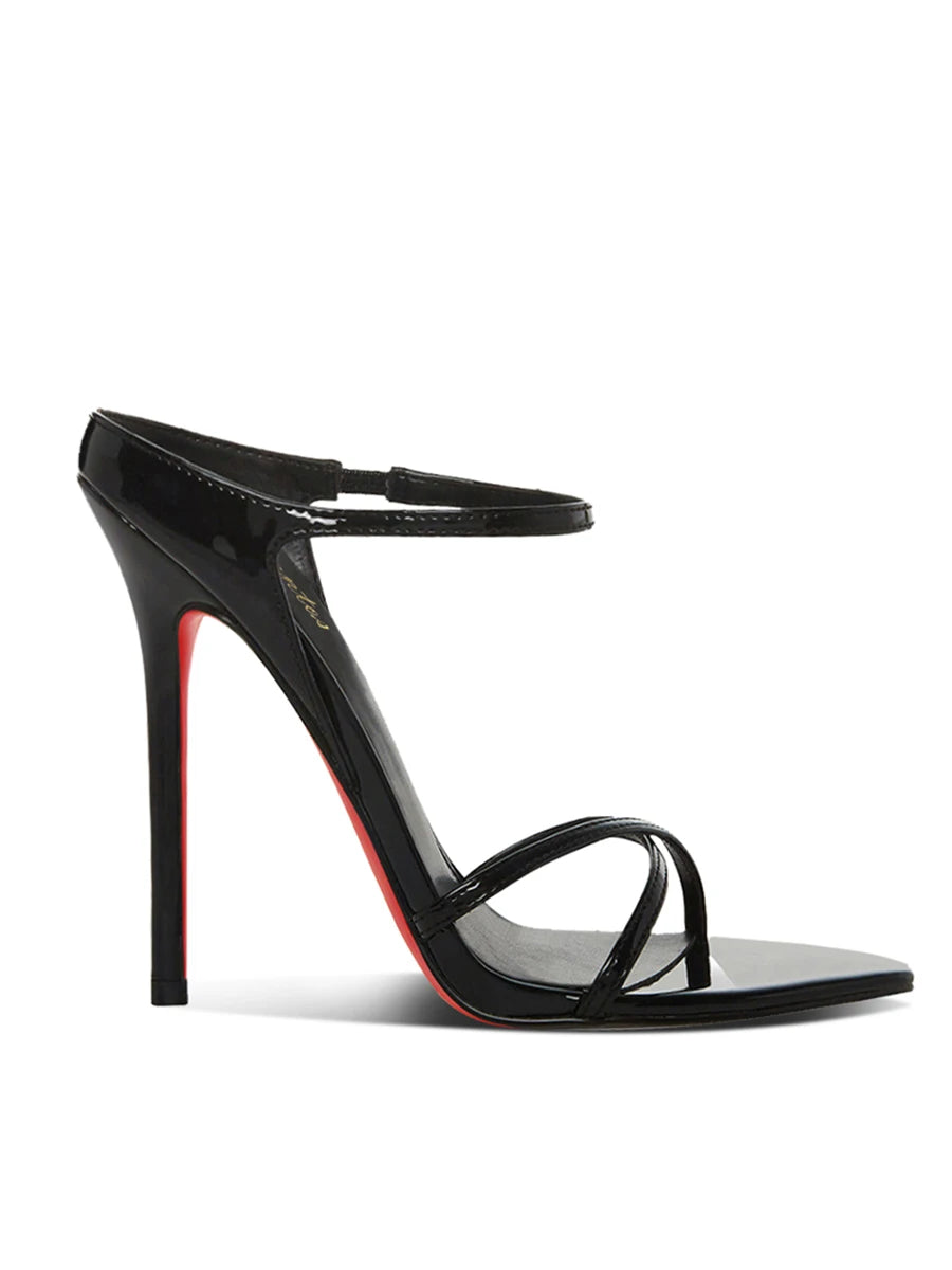 Sandalias de Tacón Delgado Negras Estilo Celebridad con un Toque Femenino, Tira Cruzada Puntiaguda, Suela Roja, Tacones Altos, Sandalias Abiertas