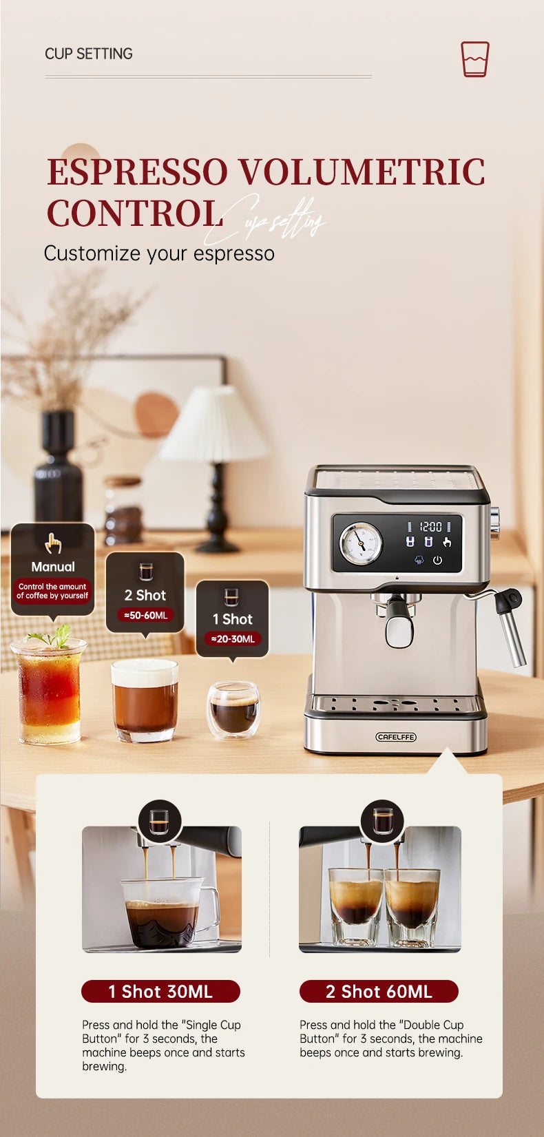 Cafetera Espresso Cafelffe de Acero Inoxidable con Vaporizador de Leche, Semiautomática, para Cappuccino, 20 Bares