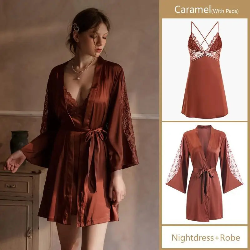 Sexy Intimate Lingerie Perspective Nightwear Lace Patchwork Home Wear Robe Suit Lady Kimono Gown Sleepwear Satin Nighty Bathrobe