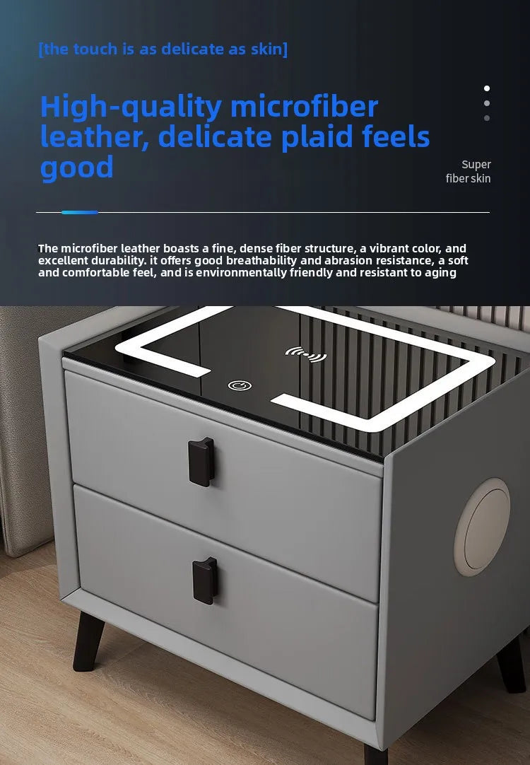 Mesita de noche de madera inteligente con altavoz cargador inalámbrico, mesita de noche minimalista moderna de dos cajones, muebles multifuncionales para el hogar