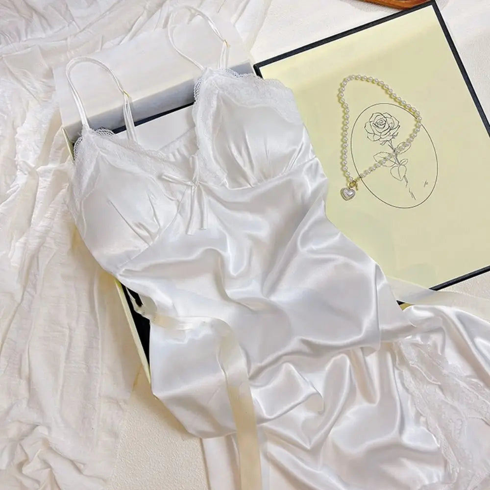Vestido de pijama con lazo de encaje para mujer, camisón con tirantes de seda helada sin mangas dividido, ropa de dormir, camisón fino con tirantes, chica picante