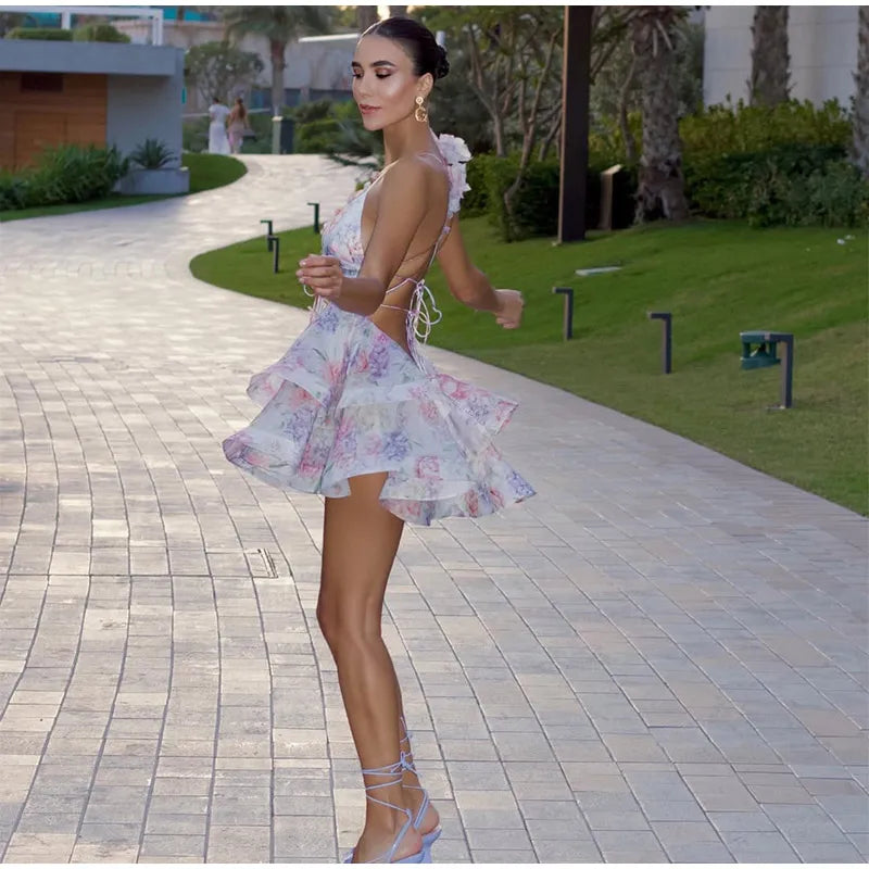 Vestido corto de gasa rosa dulce para mujer, moda con flores en 3D, manga abombada grande, cuello en V, cintura alta, línea A, Vestidos en capas, batas de señora nueva