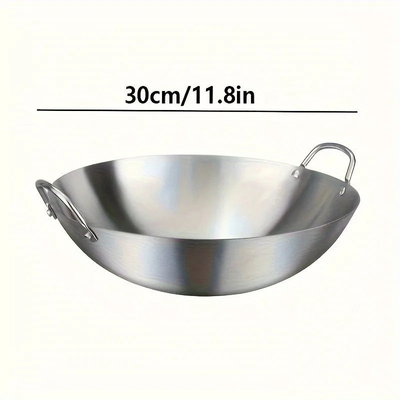 Wok grande de acero inoxidable, sartén de Chef duradera gruesa sin recubrimiento de alta calidad con asas dobles, fácil de limpiar para uso comercial, 1 ud.