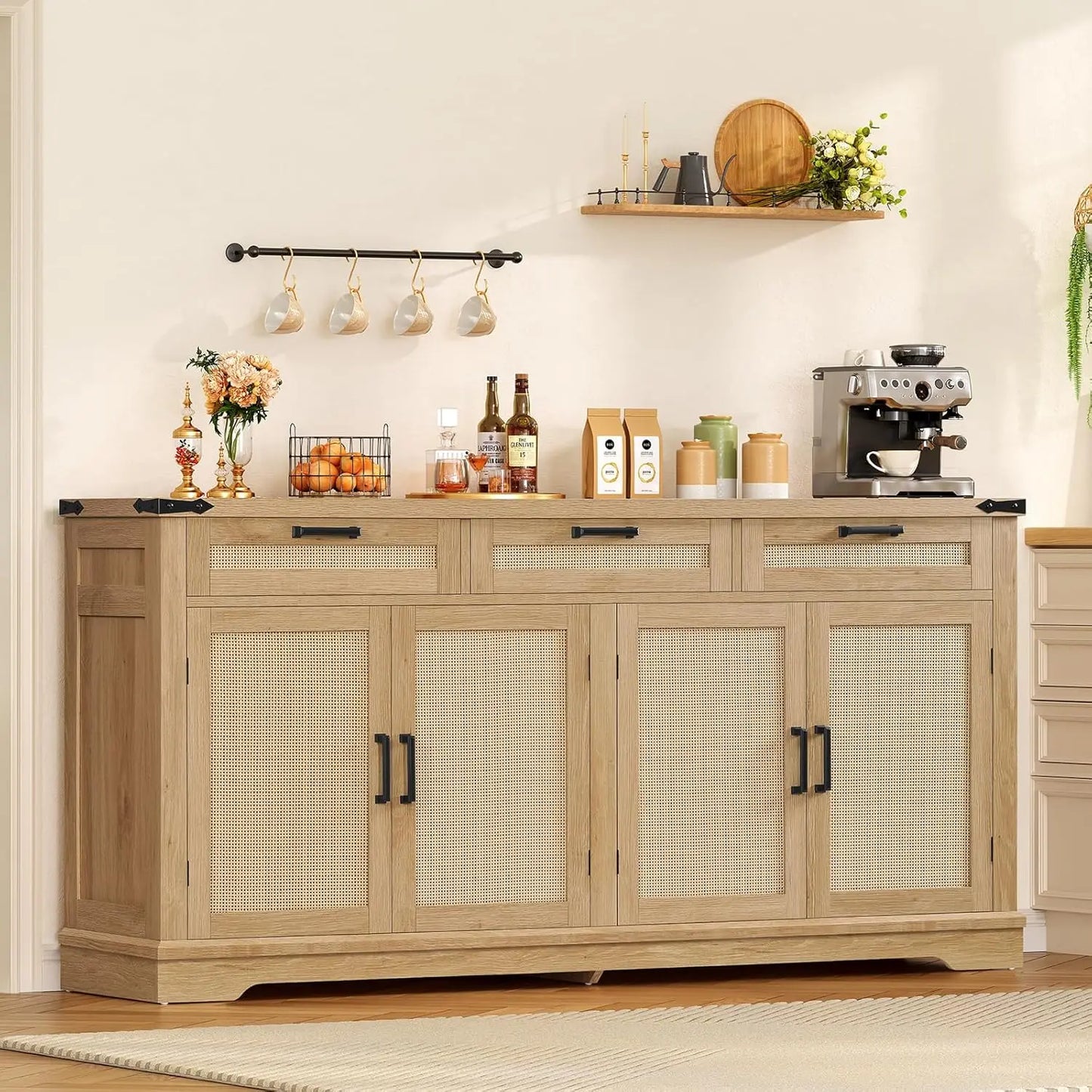 59" Large Buffet Cabinet with 4 Doors 3 Drawers Adjustable Shelves Coffee Wine Bar Storage Living Room, Customized