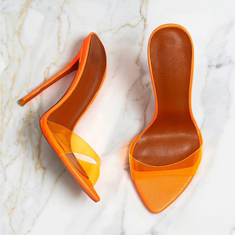 Novedad de verano, zapatillas sexis de moda de PVC transparente de charol puntiagudo, vestido de banquete de tacón alto fino, sandalia de mujer de gran tamaño