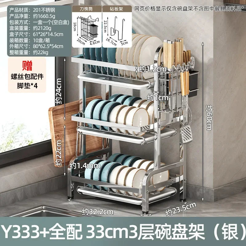 Estante para vajilla de 3 niveles, secado de platos de acero inoxidable 304 con bandeja, soporte de almacenamiento para mostrador de cocina con organizador de tabla de cortar