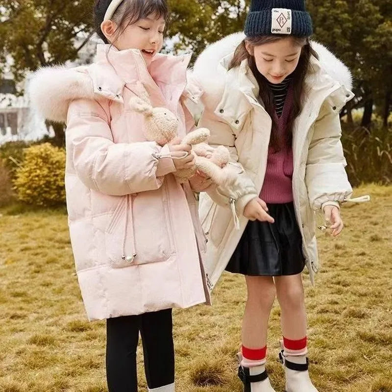Chaqueta de plumón para niña, abrigo con cuello de piel gruesa holgada y de felpa, nuevo estilo, invierno 2026, 110-170cm