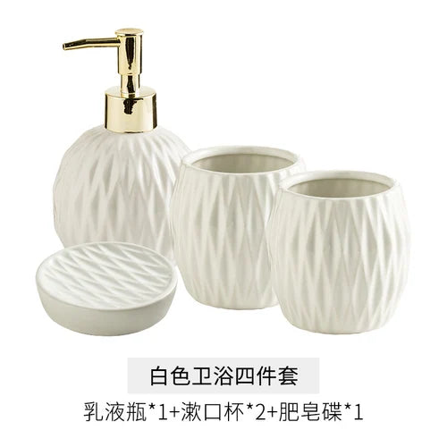 Juego de Accesorios de Baño de Cerámica Electrochapada de Lujo Ligero: Dispensador de Jabón Creativo, Vaso para Enjuague Bucal y Jabonera