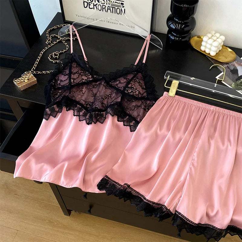 Conjunto de pijamas con tirantes para mujer, ropa de salón, lencería íntima de encaje calado Sexy, ropa de dormir, novedad de verano, Top y pantalones cortos con tirantes, ropa de casa