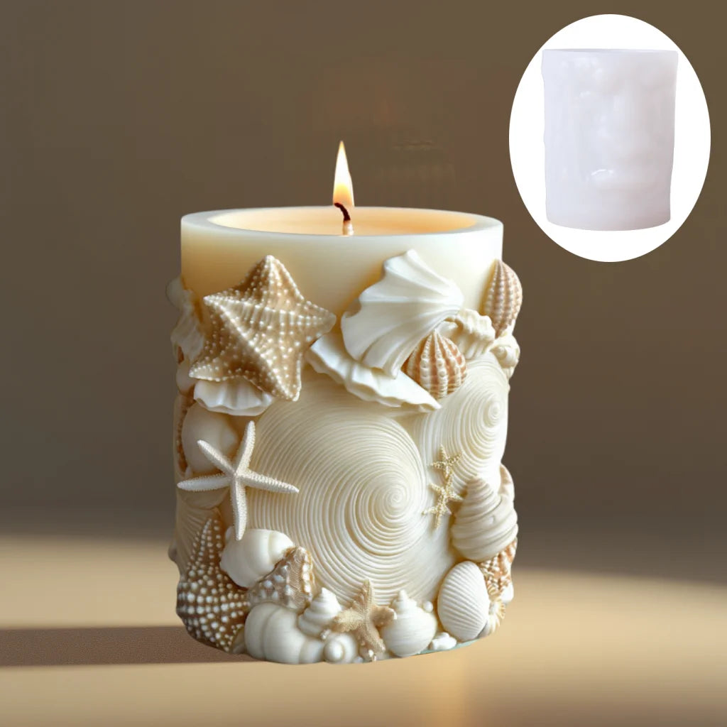 DIY estilo océano vela cilíndrica en relieve molde de silicona estrella de mar concha molde de resina cilíndrica ondas vieira moldes de yeso coral