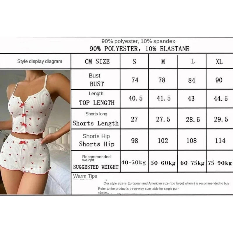 Ropa de dormir Sexy para mujer, conjunto de pijamas con estampado de corazón de seda, cuello en V, sin mangas, camisola informal, conjuntos de Top y pantalones cortos, traje para casa, ropa de descanso
