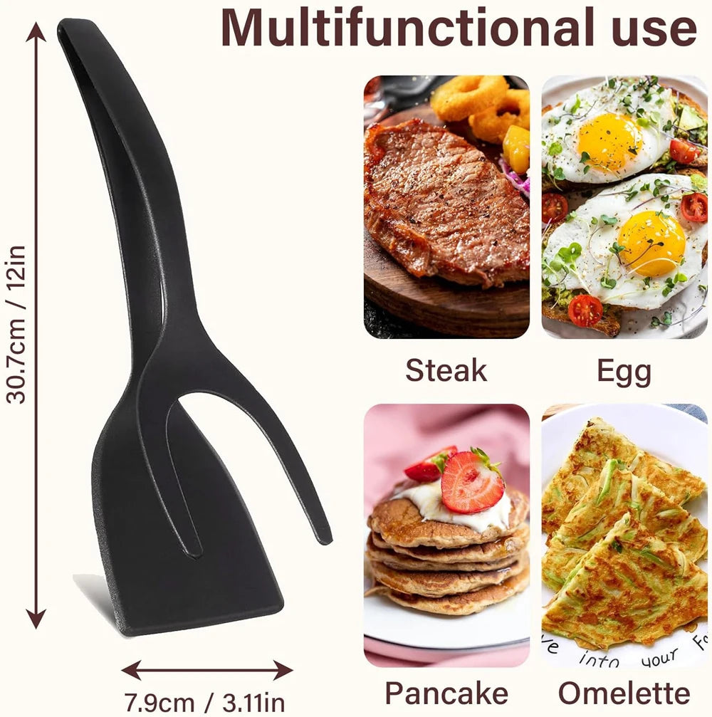 Nueva Espátula 2 en 1 con Pinzas, Espátula para Voltear Huevos, Espátula de Nailon con Revestimiento Antiadherente, Herramienta para Hacer Panqueques, Pescado, Tostadas Francesas y Omelettes