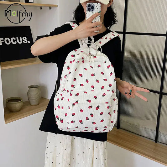 Mochila de PANA con fresas para estudiantes, morral escolar con múltiples bolsillos para adolescentes, correa ajustable para cuaderno, Mochilas Escolares al aire libre