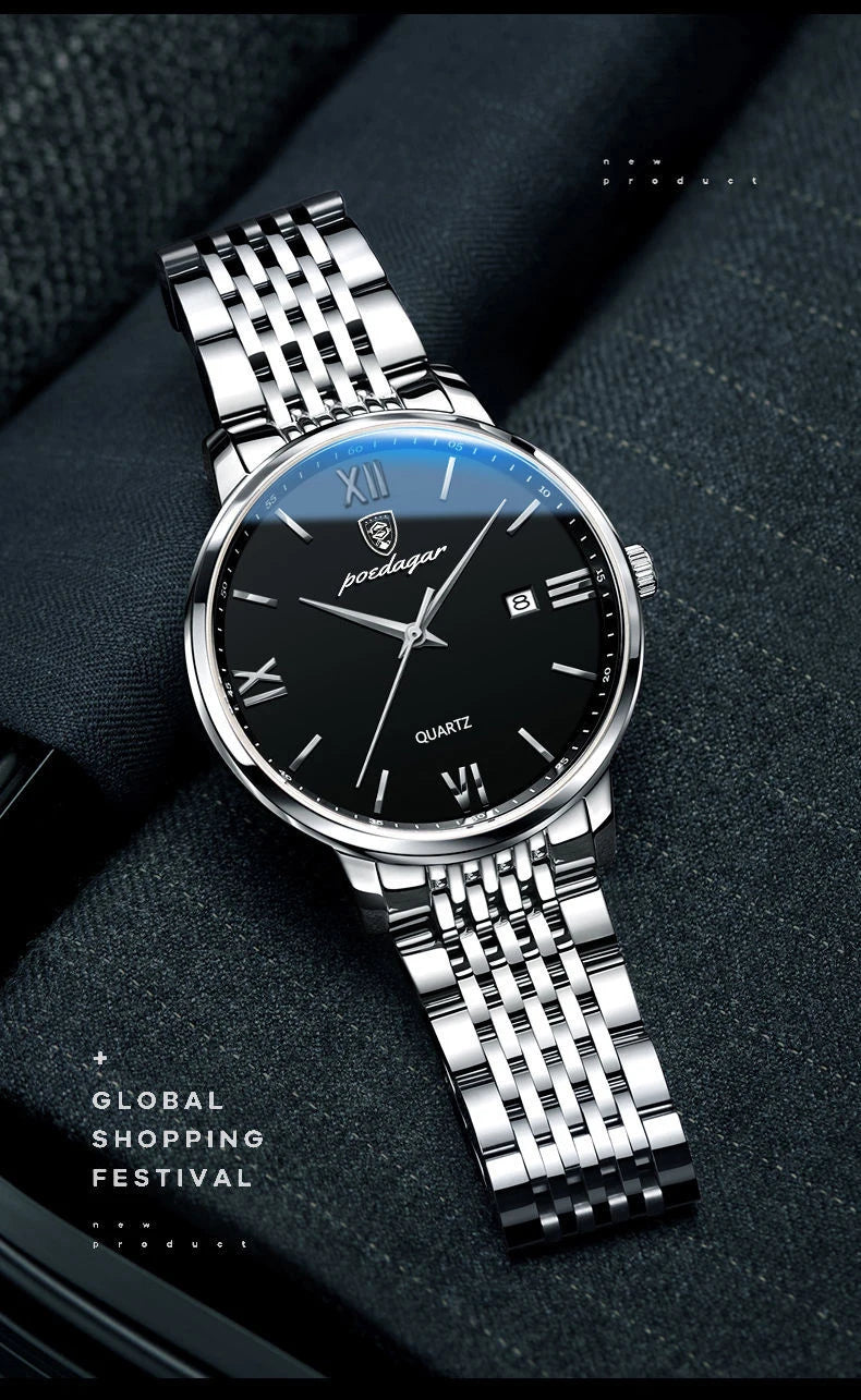 POEDAGAR, relojes de negocios de lujo para hombre, reloj de pulsera resistente al agua de acero inoxidable con fecha para hombre, reloj de pulsera de cuarzo Simple a la moda para hombre
