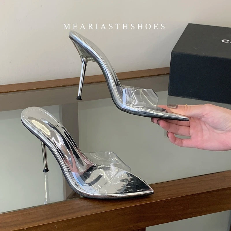 Zapatillas de tacón alto transparentes, sandalias altas sin cordones con punta abierta y tacón fino a la moda, estilo descalzo a la moda