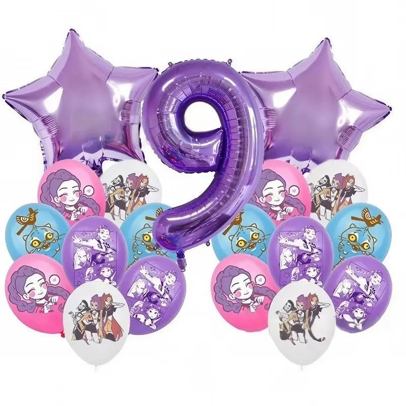 Set de Globos de Aluminio K-Pop para Grupo de Chicas, Números del 1 al 9 y Globos de Estrellas Púrpuras, Adornos para Pastel para Fiestas de Cumpleaños y Accesorios para Fotos