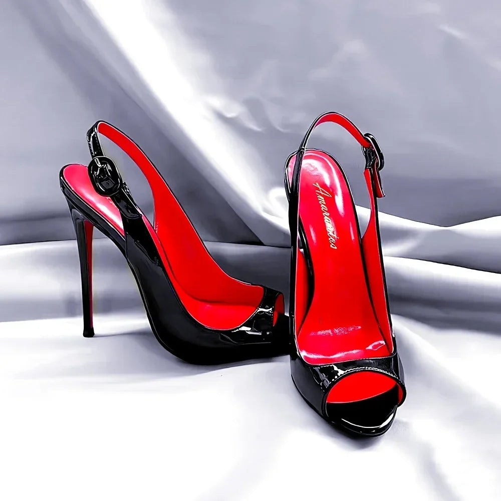 Nuevas sandalias con punta vacía de Boca de pescado negra de 12cm con suela de lápiz labial ultraligera sexy tacones altos para mujer con tacones delgados