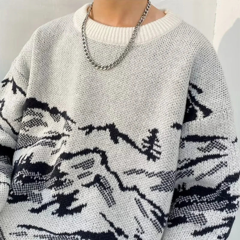 Suéteres de Jacquard con gráfico de montaña para hombre, jerséis de punto informales de manga larga Y2K, prendas de punto Vintage con cuello redondo, otoño