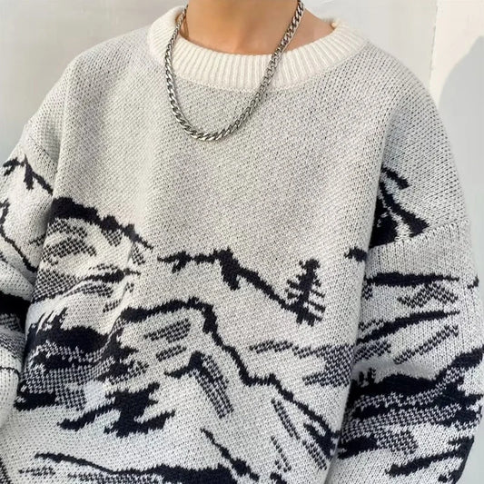 Suéteres de Jacquard con gráfico de montaña para hombre, jerséis de punto informales de manga larga Y2K, prendas de punto Vintage con cuello redondo, otoño
