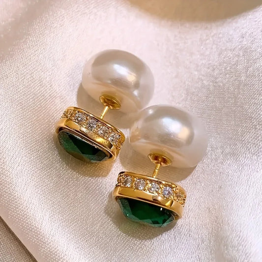 Pendientes de diseño cuadrado geométrico elegante retro con incrustaciones de circonita verde para ocasiones diarias y de fiesta de mujer