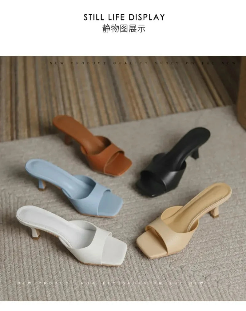 Pantuflas de Tacón Alto para Mujer, Pantuflas de Cuero Vacuno de Lujo, Pantuflas de Moda con Punta Cuadrada, Pantuflas de Tacón Alto con Punta Abierta para Verano