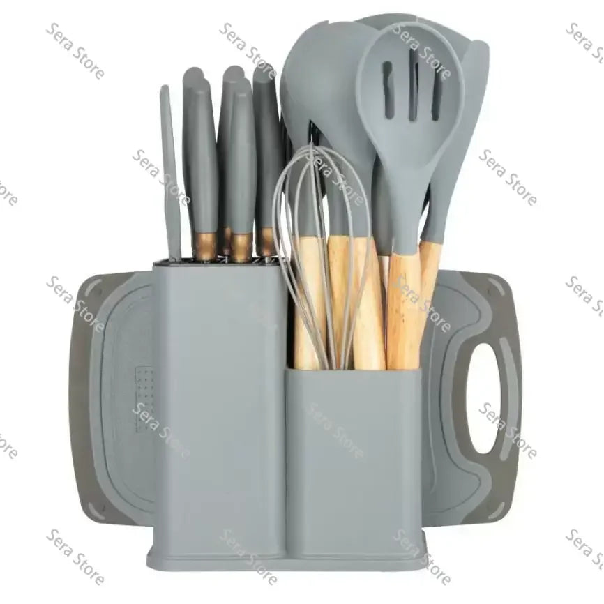 Juego de Utensilios de Cocina de Silicona de 19 Piezas, Sartén Antiadherente, Espátula para Cocinar con Cubo de Almacenamiento, Juego Combinado de Cuchillos