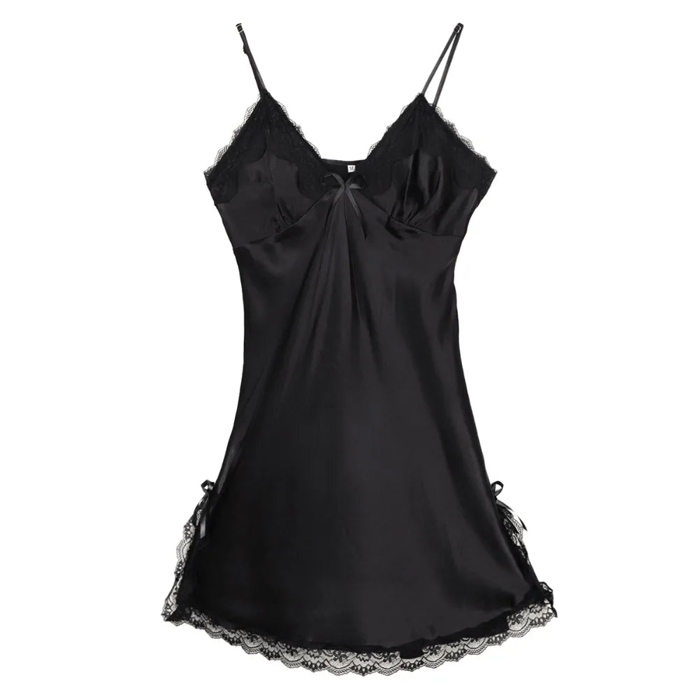 Vestido de pijama con lazo de encaje para mujer, camisón con tirantes de seda helada sin mangas dividido, ropa de dormir, camisón fino con tirantes, chica picante