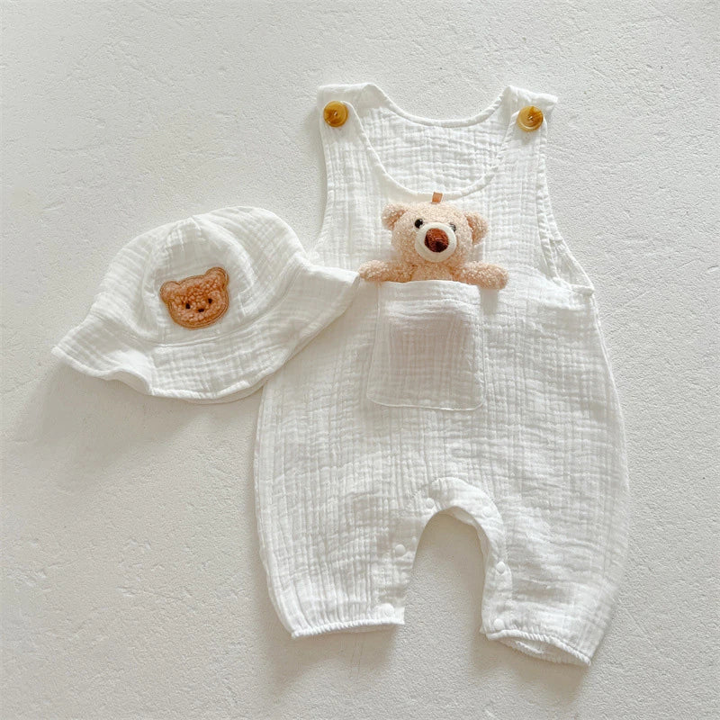 Mono de muselina para bebé, abrigo, sombrero, oso, conjunto de ropa de verano para bebé, abrigo para niño, pelele, traje blanco para niño pequeño, ropa infantil 0-3T, 3 uds.